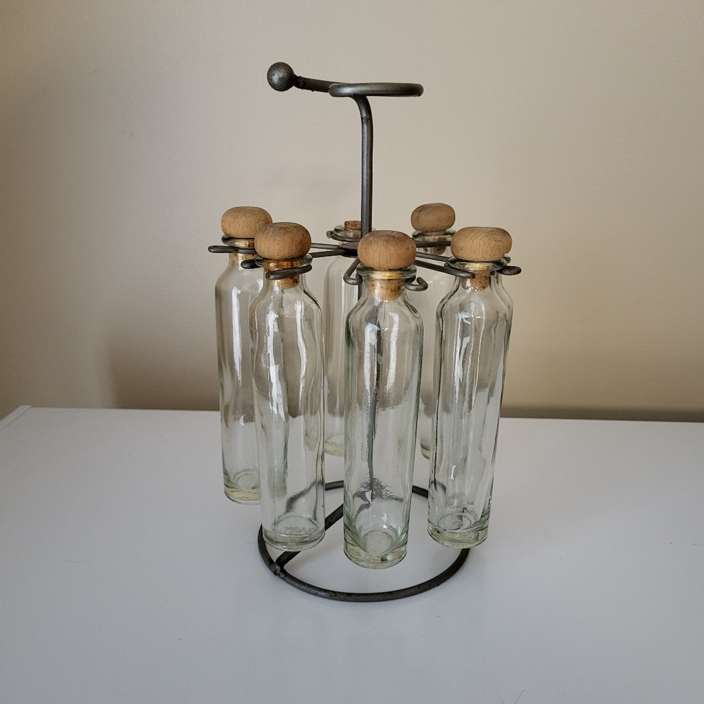 Vintage Clear Glass Spice Bottles with Cork Lids and Metal Rack
